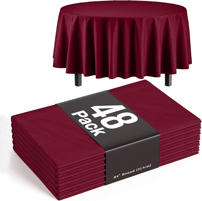 Exquisite Burgundy Round Tablecloths Plastic Table Cloth Disposable 48 Pack 84" Inch Round Table Cloth Disposable Burgundy Tablecloths Plastic Tablecloth Indoor/Outdoor Tablecloth Party Supplies