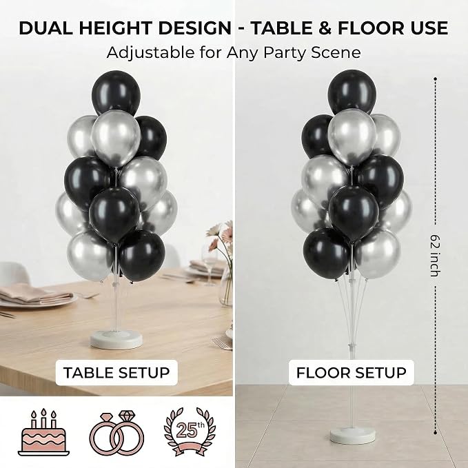 Balloon Column Kit for Floor-Balloon Columns with Stand, Base and Pole,Balloon Tower Backdrop Decoration for Wedding, Baby Shower, Birthday Party, or Bachelorette Parties (BLACK SILVER)