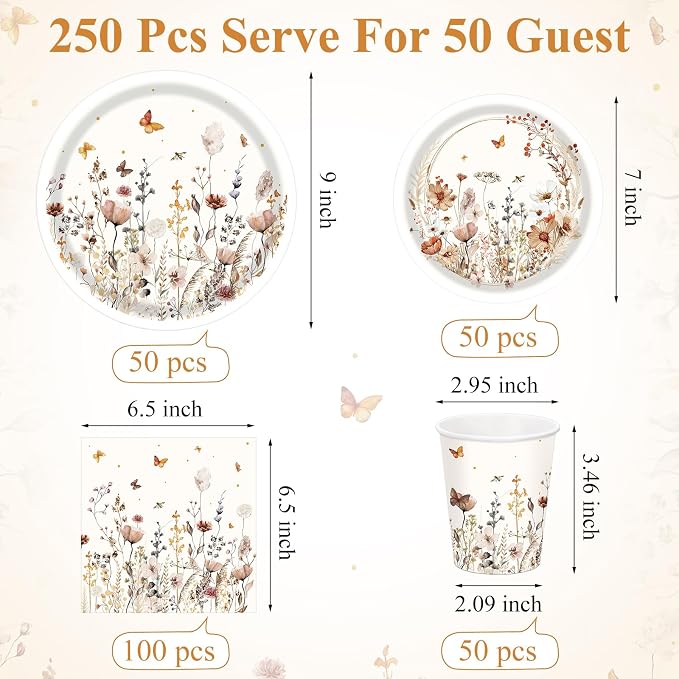 Ziliny 250 Pcs Wildflower Party Decorations Include Boho Autumn Fall Floral Paper Plates Napkins and Cups for Wildflower Baby Shower Tea Decorations, Serve 50 Guest