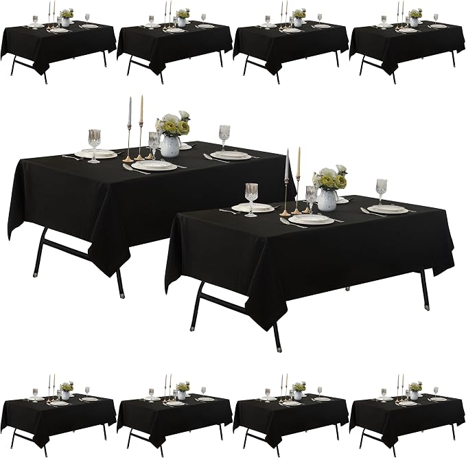 10-Pack 60x144 inch Black Table Cloths, Solid Stain and Wrinkle Resistant Oblong Tablecloth, Premium Plain Weave Polyester Fabric Rectangle Table Linen Covers for Hotel, Banquet