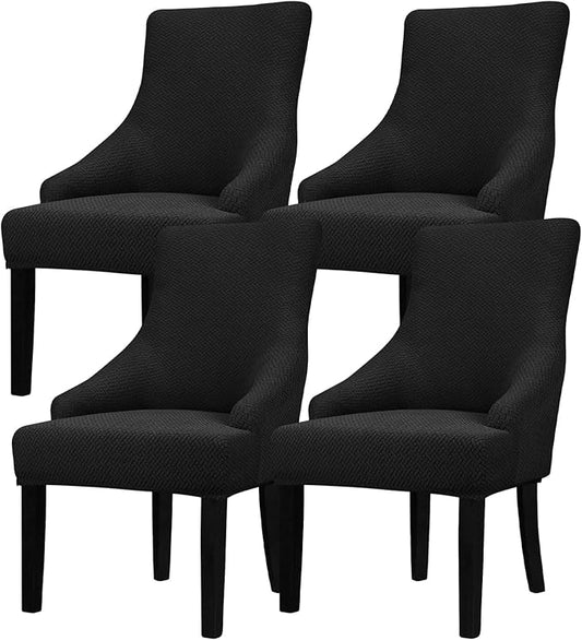 Lellen Velvet Stretch Wingback Chair Cover Slipcover - Reusable Protector Cover for Dining Room Banquet Home Decor etc Machine Washable Hand Washable (01 T-Shaped Twill Black, 4PC)