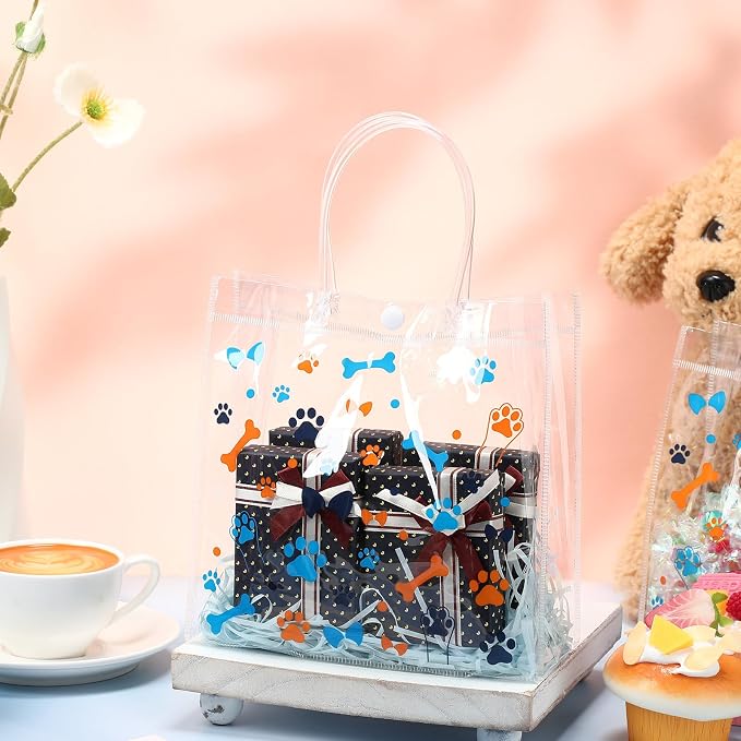 Supervitae 36 Pcs Dog Paw Clear Favor Bags with Handle Reusable Plastic PVC Gift Bag Animal Goodies Treats Wrap Totes for Christmas Birthday Party Supplies, 8 x 8 x 3.15 Inch