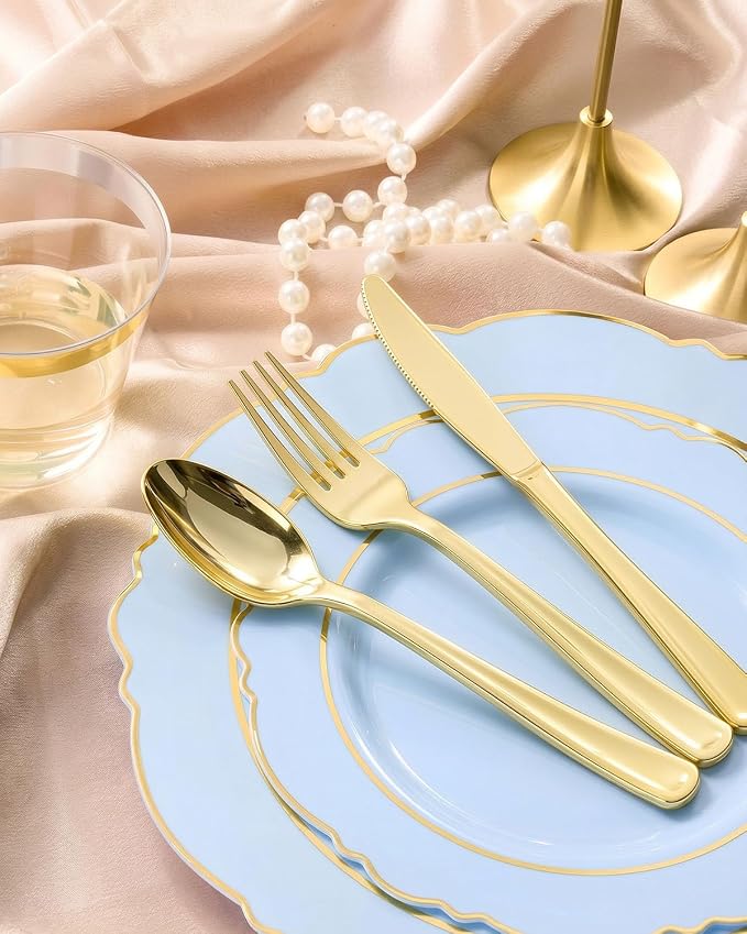 realluck 350 Piece Light Blue Plastic Dinnerware Set for 50 Guests Elegant Disposable Dinnerware for Weddings, Parties, 100 Plastic Plates, 50 Pre Rolled Napkins with Silverware, 50 Cups