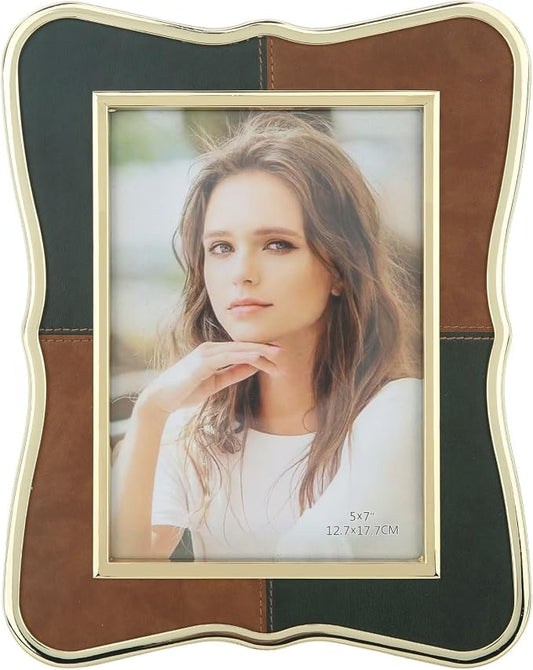 5x7 Metal Leather Picture Frame,Pretty Photo Frame with Gold Edge, Clear Glass Front, Unique Gifts for 3 Years of Marriage Couple Anniversary Graduation Horizontal&Vertical