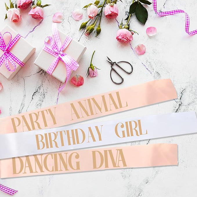 12Pcs Party Sashes Set, White Girl Sash + 11pcs Rose Gold Satin Sashes for Women's Birthday Party Gifts & Decorations