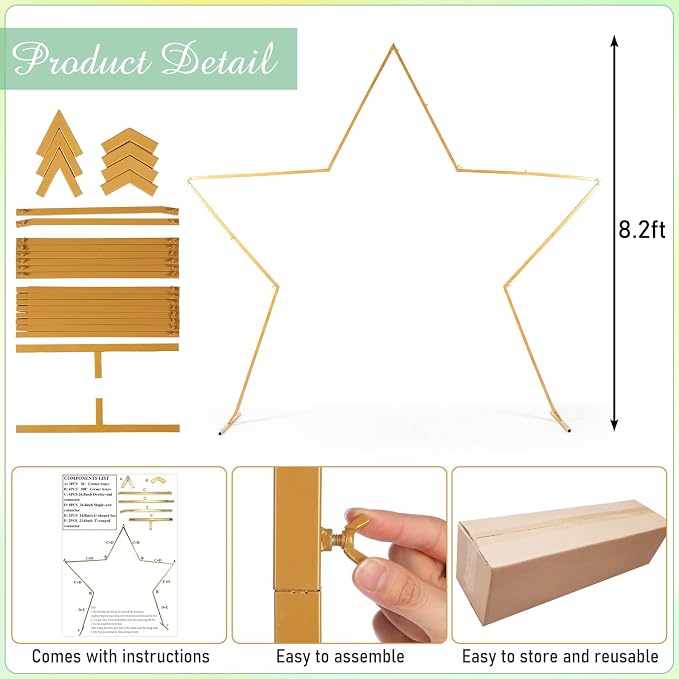 Silipull Star Gaint 8 ft Arch Backdrop Stand Kit Easy Assembly Metal Frame for Wedding Ceremony Entrance, Bridal Photo Booth, Birthday Baby Shower Decor Graduation Dance Photo Walls