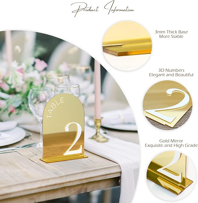 Gold Mirror Arch Wedding Table Numbers 1-10 with Stand, 10 Pack 5x7 Inch Mirrored Acrylic Arch Signs with Raised White Numbers, Gold Acrylic Table Numbers for Wedding Reception