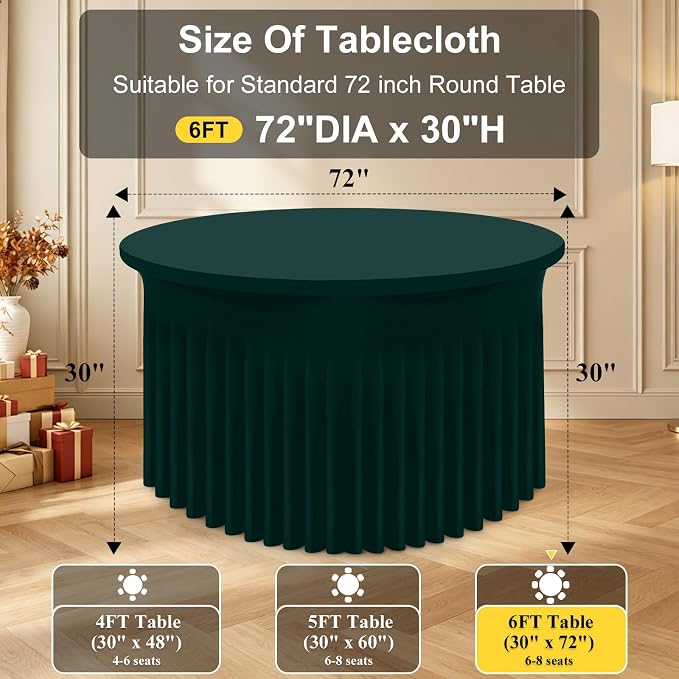 Smiry Round Spandex Tablecloth, Elastic Fitted Washable Tablecloths for 72 Round Tables, Waterpoof Stretch Table Cover Skirt for Outdoor, Wedding, Banquet & Parties, Hunter Green