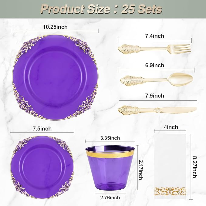 Bestluck 175PCS Clear Purple Plastic Plates for 25 Guests, Disposable Plates with Gold Trim include 25 Dinner Plates, 25 Dessert Plates, 75 Gold Silverware, 25 Cups, 25 Napkins for Party, Wedding
