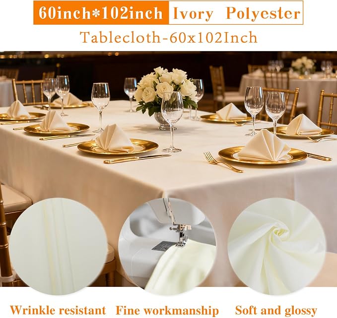 WIGENIUS 2 Pack Ivory Table Cloth Rectangle Tablecloths 60X102 Inch,Polyester Table Cloth for 6 Foot Rectangle Tables,Wrinkle Resistant Washable Fabric Table Covers for Party,Wedding Banquet