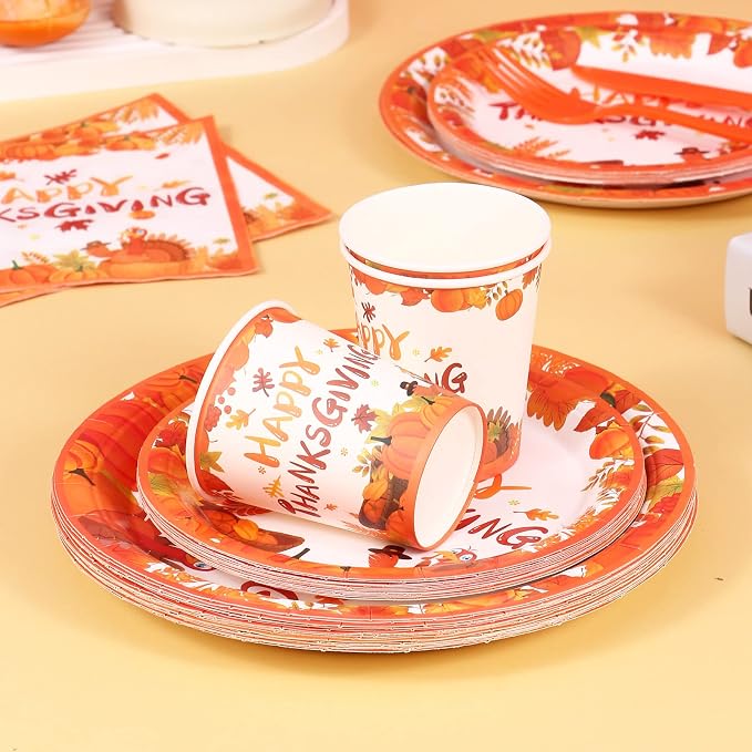 Thanksgiving Day Party Supplies Thanksgiving Paper Plates and Napkins Disposable Pumpkin Maple Leaves Thanksgiving Tableware Set for Thanksgiving Party Decorations Kids,Serves 24…