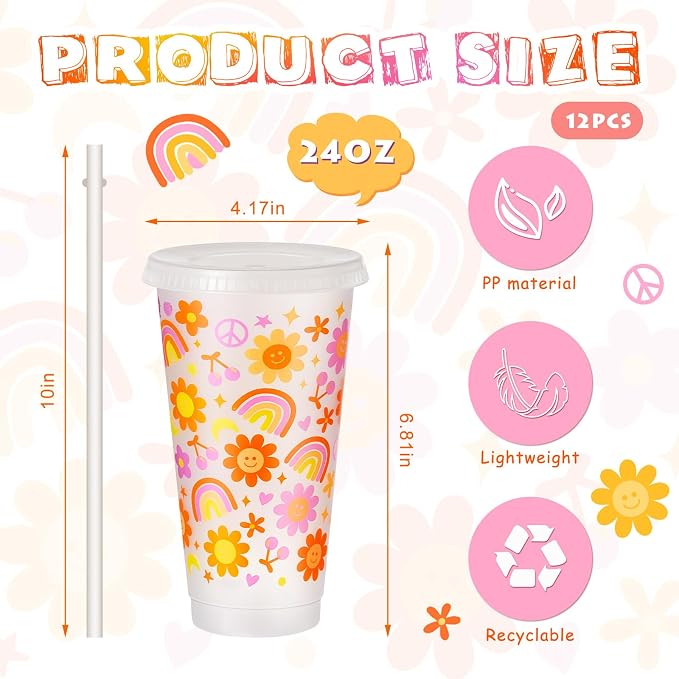 Uiifan 12 Pcs Groovy Plastic Cups Groovy Party Decorations Plastic Tumbler with Lid and Straw 24oz Reusable Boho Retro Hippie Cups for Hippie Birthday Party Wedding Decorations