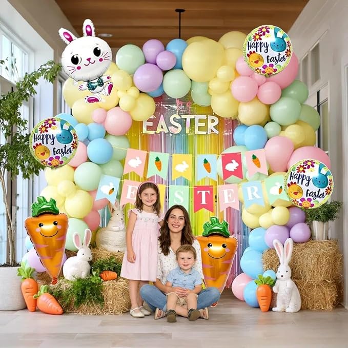 Pastel Balloons Arch Kit Double Stuffed Ma'ca'ron Balloons with Bunny, Carrot & Egg Foil Balloon Easter Banner and Colorful Fringe Curtain for Birthday Baby Shower Spring Pastel Party Decoration