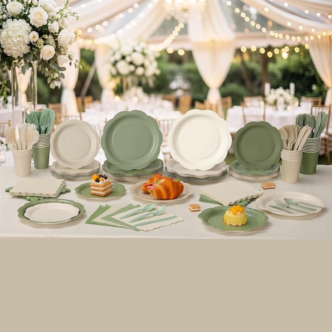 Ceenna 390 Pcs Sage Green Party Decoration for 48 Guests, Gradient Sage Green Beige Paper Plates Napkins Cups Tablecloth Cutlery Disposable Tableware Set for Birthday Baby Shower Wedding Party Supply
