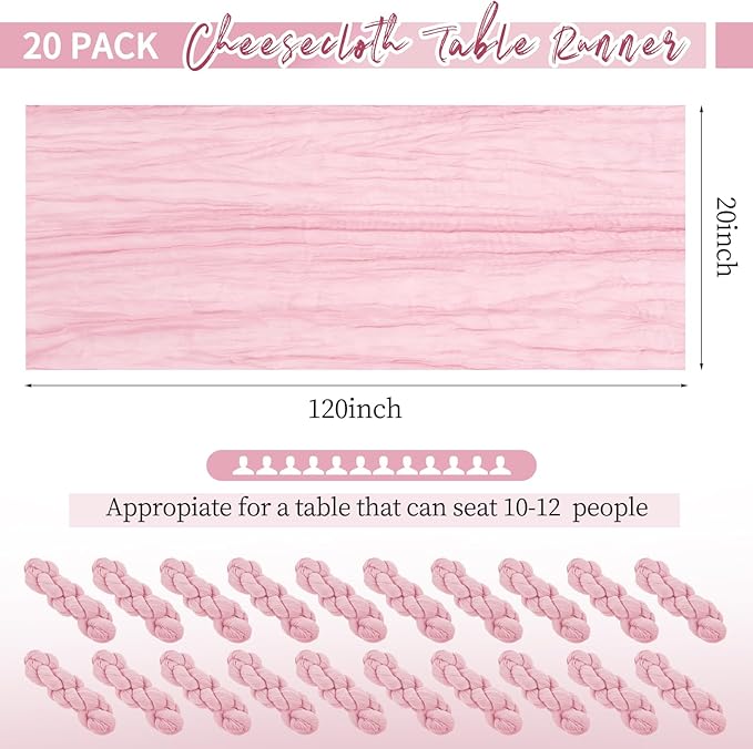 20 Pack Pink Table Runner 10Ft Cheesecloth Table Runner Boho Gauze Table Runners Romantic Long Sheer Fabric Cheese Cloth Table Runners for Wedding Party Bridal Shower