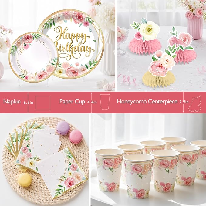 175Pcs Floral Birthday Decorations Set - Serves 20 Guests - All-in-One Flower Theme Birthday Party Decorations Kit with Balloons, Banner, Cake Topper, 350gsm Plates, Tablecloths, Backdrop