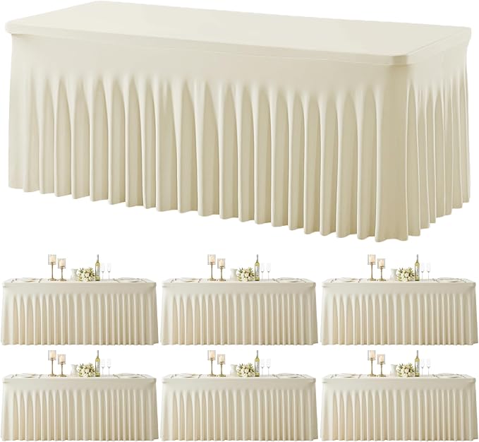 6 Pack Spandex Beige Fitted Table Cloth for 8ft Rectangle Tables Beige Stretch Tablecloth Table Covers Skirt Banquet Wrinkle Free Tablecloths for Parties Wedding