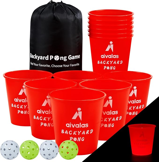 Aivalas Yard Pong Outdoor Games Glow Set in Dark, Giant Yard Pong Game for Adults and Family with 12 Buckets, 4 Balls and a Carrying Bag, Giant Pong for Beach, Camping, Lawn and Backyard