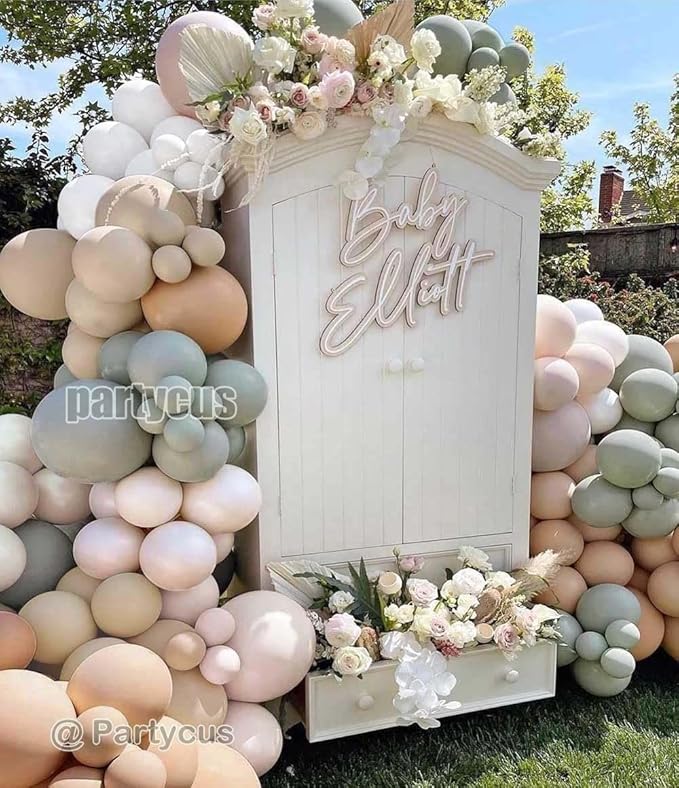 Dusty Green Nude Balloon Garland Double Stuffed Blush Brown Cream Sand White Neutral Matte Balloon Arch Kit for Baby Shower Wedding Birthday Gender Reveal Woodland Party Decoration