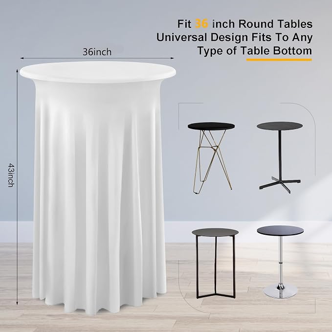 4 Pack White Round High Top Table Cloth 36x43 Inch, Wrinkle Free Stretch Spandex Tablecloths with Skirt, for Party Banquet Birthday Bar