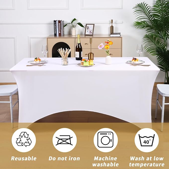 Fixwal 3 Pack White Table Cloths Rectangle 6FT, Tablecloths Rectangular Stretch Spandex Fitted Table Covers 6FT for Party, Trade Show, Banquet, Wedding, Buffet, Graduation Decoration