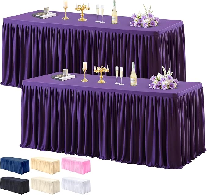 PARTISKY 2 Pack Purple Tablecloths for Rectangle Tables 8ft, Wrinkle Resistant Spandex Table Cover Fitted Stretch Table Cloth with Pleated Ruffle Skirts for Party Banquet Dining Birthday Wedding