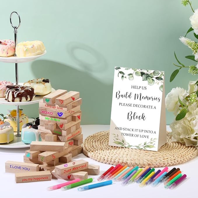 Nuanchu 125 Pcs Wedding Guest Book Alternative 100 Wooden Block Guest Book 24 Signing Pens Wedding Game Sign Wedding Decorations for Reception Bridal Shower Guest Book for Sign in
