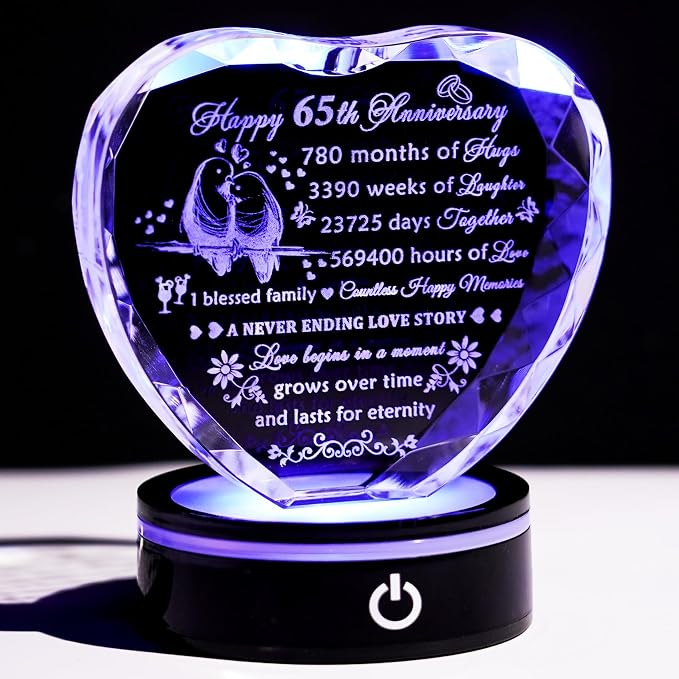 YWHL 65th Wedding Anniversary Crystal Heart Gifts for Parents Couples with LED Base Laser Engraved Happy 65 Years Anniversary Keepsake Gift for Husband Wife 65 Years of Marriage Gifts for Her Him