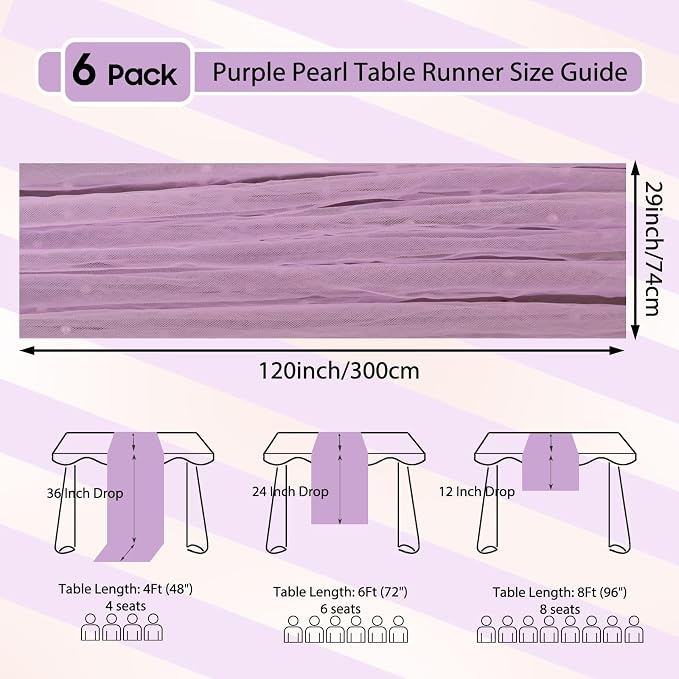 Set of 6 Pearl Table Runner 10ft, 29 * 120 Inch Purple Table Cloth Sheer Tulle Table Cover,Pearl Table Runner for Wedding Party Baby Shower Birthday Home Decor