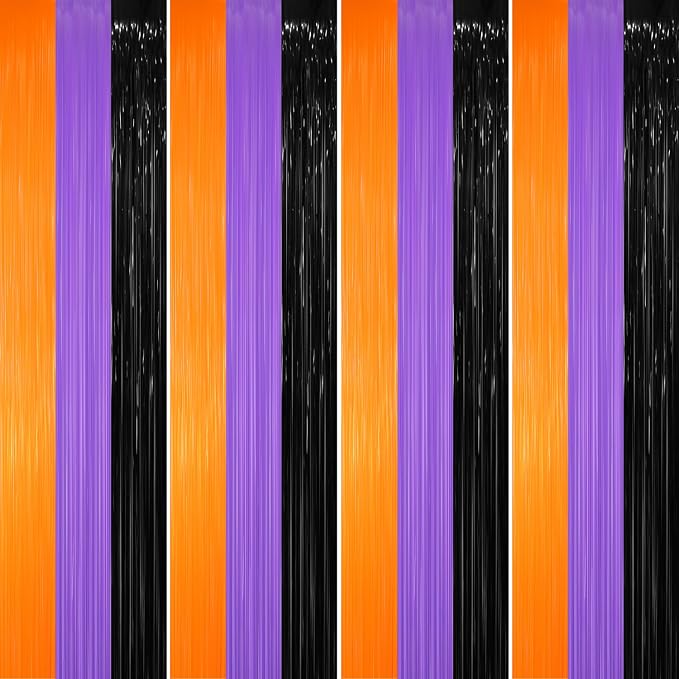 GOER 3.2 ft x 8.2 ft Metallic Tinsel Foil Fringe Party Backdrop for Halloween Birthday Graduation New Year's Party Decorations(4 Packs,Black&Orange&Purple)