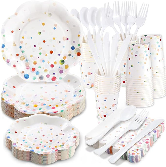 Colorful Birthday Plates and Napkins 350PCS Confetti Colorful Paper Plates Happy Birthday Disposable Tableware Set Serve 50 for Art Paint Party Supplies Bubble Decorations
