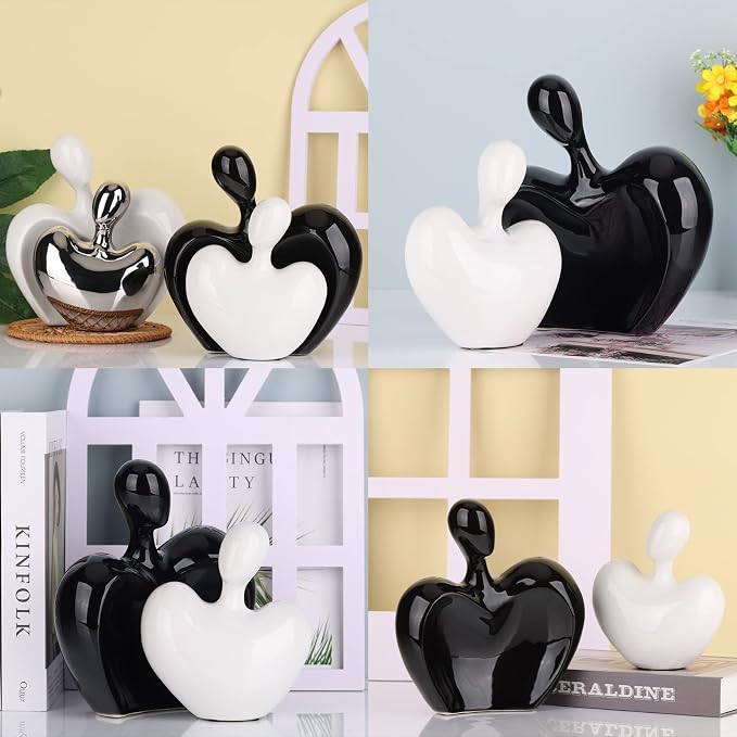 Ceramic Love Statue, Male and Female Couple embracing Sculpture, Black and White Home Decor, Wedding for Parents, Love Sign Figurines on The Shelf in The Living Room 2-Piece Set
