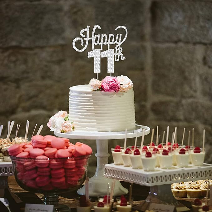 LINGTEER Happy 11th Birthday Silver Rhinestone Cake Topper - Cheers to 11th Birthday Eleven Years Old Party Cake Centerpieces Topper Decorations Gift Sign.