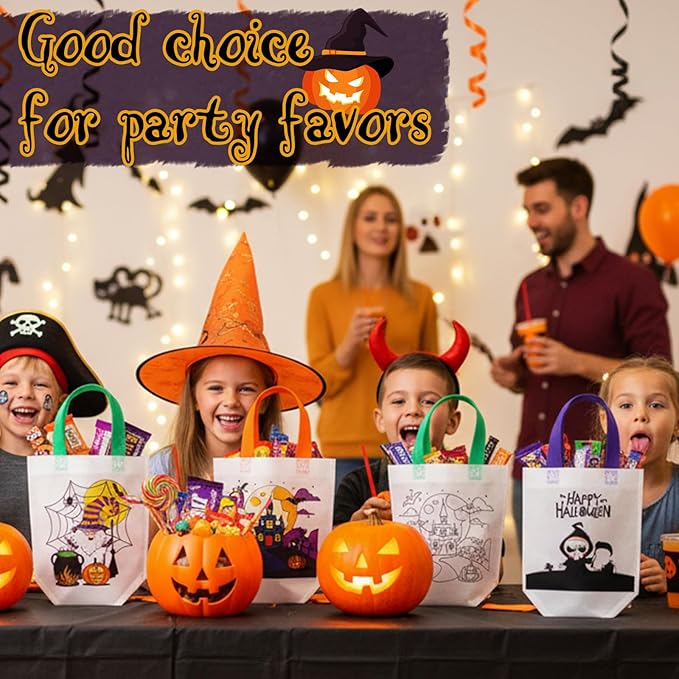 Chunful 24 Pcs Coloring Goodie Gift Bags for Kids Birthday Party Reusable Coloring Tote Bags Cute Cartoon Colorful Party Favor Non Woven with Colorful Pens DIY Crafts (Halloween)