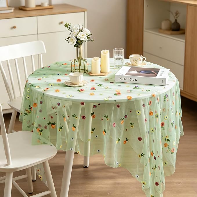 BINBE 1pcs Daisy Spring Table Runner Embroidery Gauze 10FT Florals Seasonal Tulle Holiday Birthday Kitchen Dining Table Decor for Home Party Sage Green