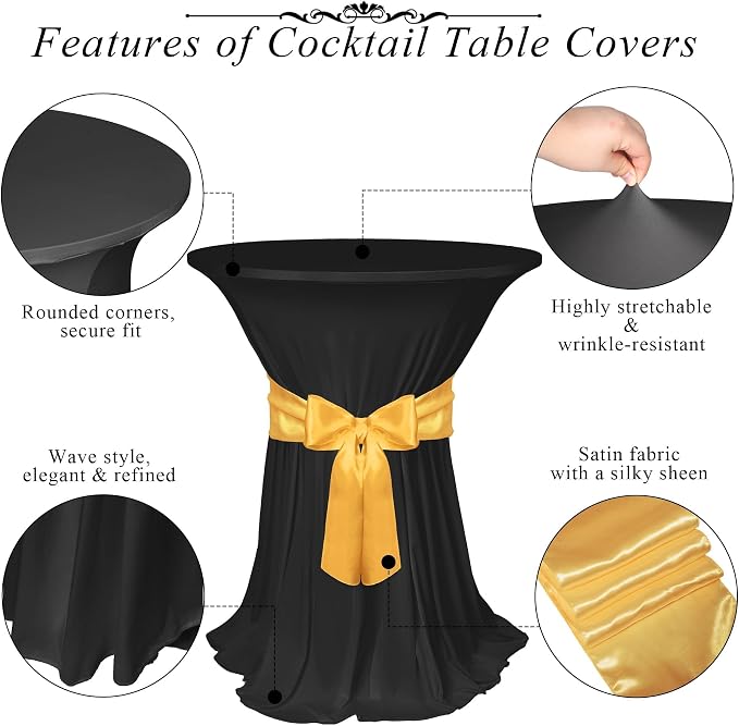 Kochorie 4 Set Cocktail Table Covers with Satin Sash, 32 x 43 Inch Round Cocktail Table Skirt, Spandex Stretch High Top Tablecloth for Wedding Banquet Birthday Party Decorations, (Black, Gold)