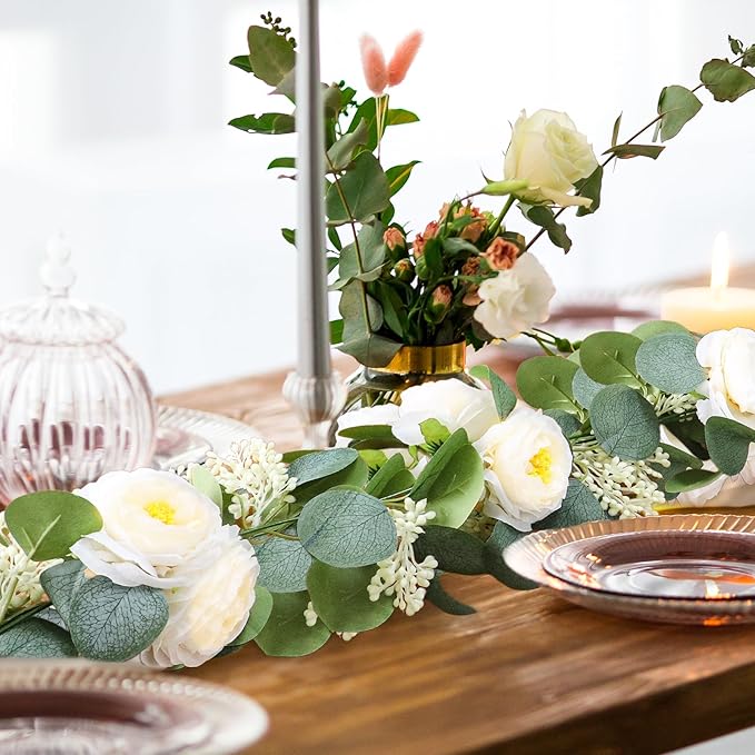 Zerzsy 13Ft Artificial Eucalyptus Garlands with Flowers, Artificial Champagne Rose Garland Vine Decor, Faux Floral Greenery Spring Garland Decorations for Table Home Wedding Mantle Party