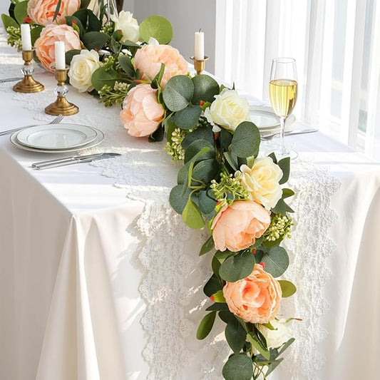 Lewondr Artificial Eucalyptus Garland with Flower - 4 Rose 4 Peony, 6FT Faux Floral Greenery Garlands Fake Flowers Vines, Maintenance-Free for Wedding Table Backdrop Party Room Decor, Mixed Champagne