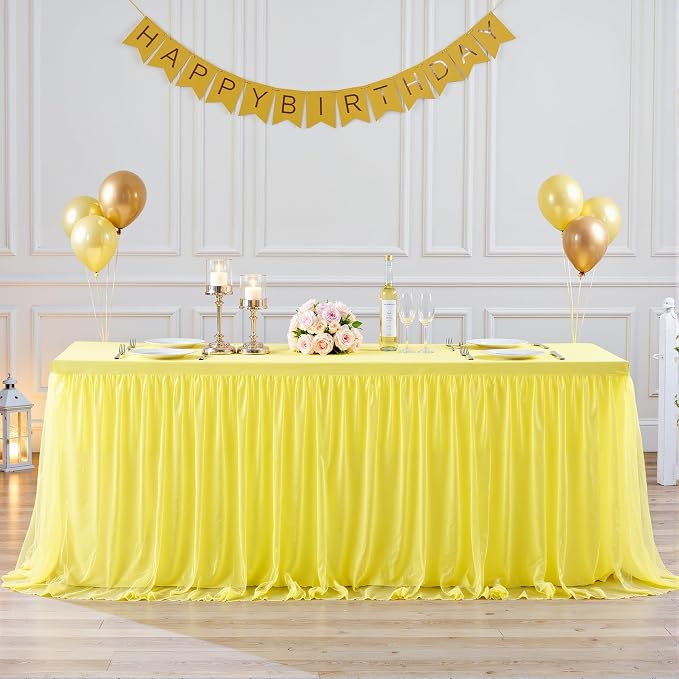 2 Pack Yellow Tulle Tablecloth for 6 Foot Rectangular Tables 6ft Yellow Rectangle Table Cloths Wrinkle Free Table Cover with Tutu Skirt for Birthday Cocktail Banquet Buffet Lemon Fruit Party Decor