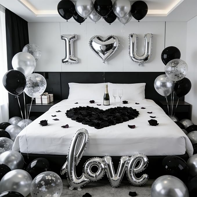 32 Inch I Love You Balloons Black and Silver Balloon with Heart Shaped, Love Foil Balloons and 1000 Pieces Rose Petals for Anniversary Valentine's Day Proposals Decorations (Black and Silver)