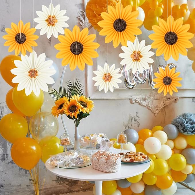 DODOKIM Sunflower Birthday Decorations Paper Flowers Decorations for Wall Floral Backdrop Classroom Baby Shower Paper Fans Flower Wall Decor Pack of 9 Sunflower Yellow Ivory