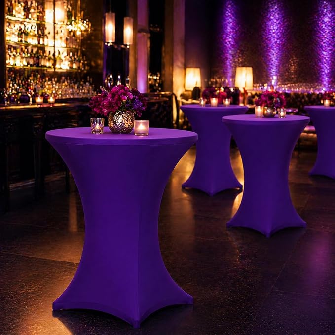 Cocktail Table Covers - 2 Pack 32x43 Inch Table Cloth - Purple Fitted Stretch Spandex Round High Top Tablecloth for Party, Bar, Birthday, Pub, Banquet