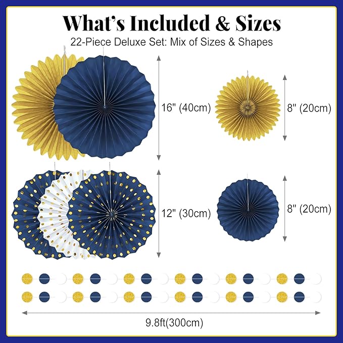 Blue and Gold Party Decorations - 22Pcs Hanging Navy Royal Blue White and Gold Paper Lanterns, Pom Poms, Fans & Honeycomb Balls for Graduation, Birthday, Retirement & Royal Theme Party Supplies