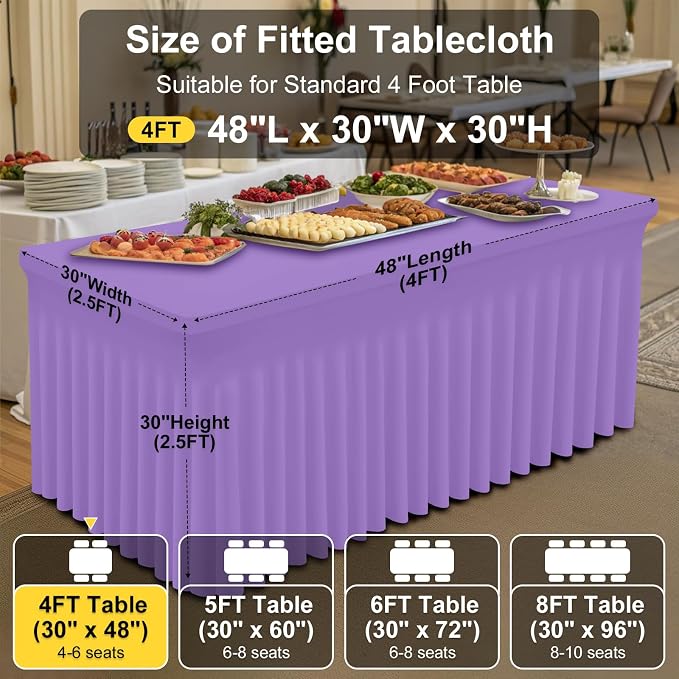 Smiry Spandex Tablecloth, Elastic Fitted Stretch Tablecloth for 4FT Rectangle Tables, Waterproof Washable Table Cover Skirt for Outdoor, Wedding, Banquet & Parties (Lavender, 48Lx30Wx30H Inch)