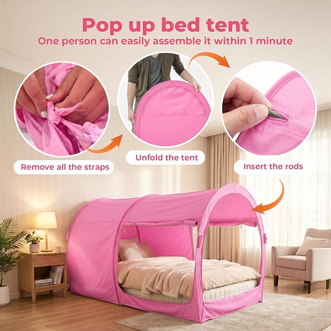 LEEDOR® Bed Tent Dream Tent Bed Canopy Shelter Cabin Sleeping Tent Indoor Pop Up Privacy Warm Breathable Mosquito Mesh Twin/Full/Queen for Kids and Adult (Mattress Not Included)