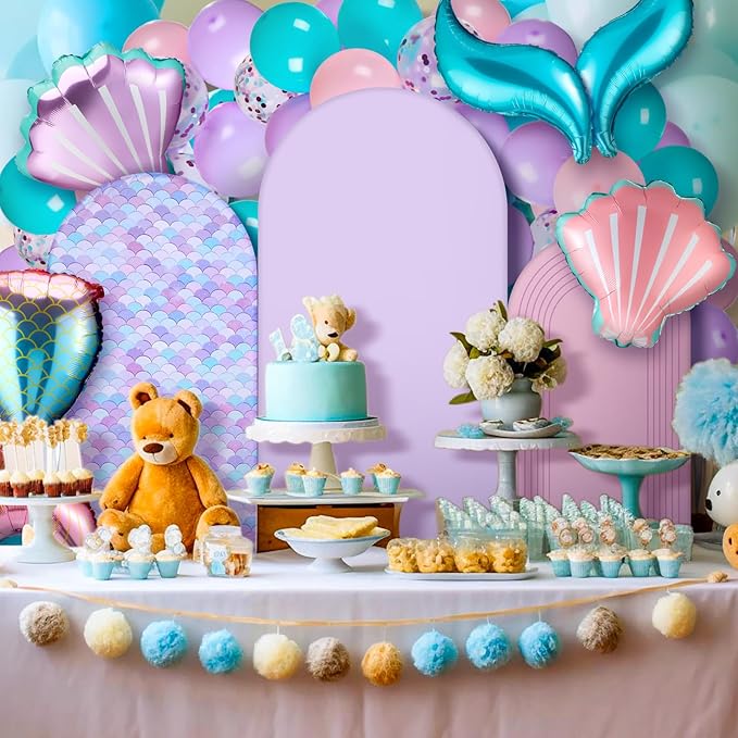 Foilswirl 34 Pieces Mermaid Birthday Party Decorations 4ft 5ft 6ft Mermaid Arch Backdrop Covers Spandex Arch Backdrop Cover Pink Purple Seashells Balloons for Summer Birthday Party