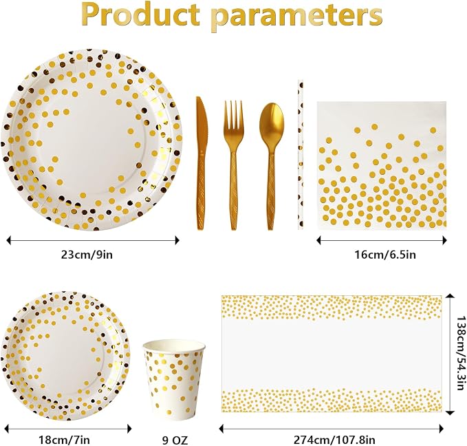 Nkaiso 193 Pcs White Gold Paper Plates and Napkins Party Supplies Sets Include White Party Plate Cup Napkin Plastic Cutlery for Baby Shower, Wedding, Birthday Decoration -24 Guest