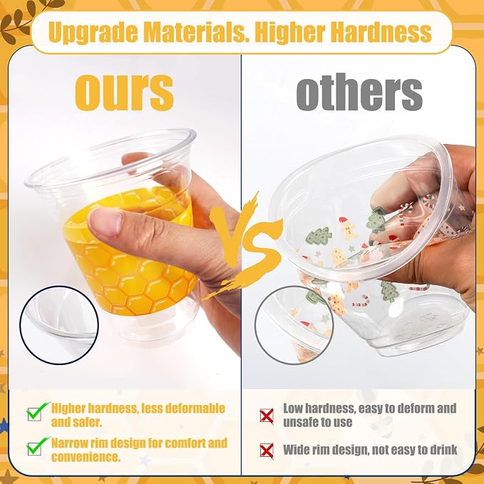 50 Pcs Honey Bee Party Decoration Cups, 12 oz Clear Disposable Drinking Honey Cups, First Bee Day Theme Summer Party Decorations Favors for Home, Kitchen, Baby Shower
