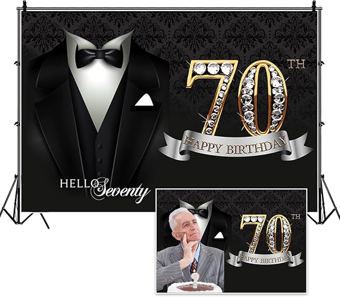 6x4ft Men 70th Birthday Backdrop Black Necktie Suit Tuxedo Diamonds Gold 70th Happy Birthday Photography Background Father Grandpa Hello Seventy Birthday Party Decor Cake Table Banner