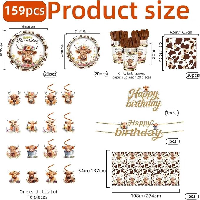 159pcs Brown Cow Birthday Decorations Include Tableware Set, Banner, Hanging, Tablecloth, Cupcake Topper, Centerpiece, for Western Farm Animals Kids Birthday Baby Shower, Serves 20